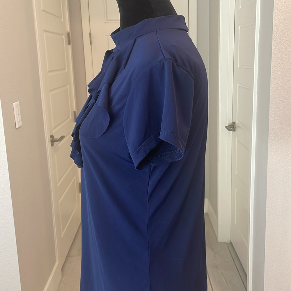 Double Take Petites  Size S Stretch Top in Navy Blue with Ribbon Neckline - Picture 3 of 10